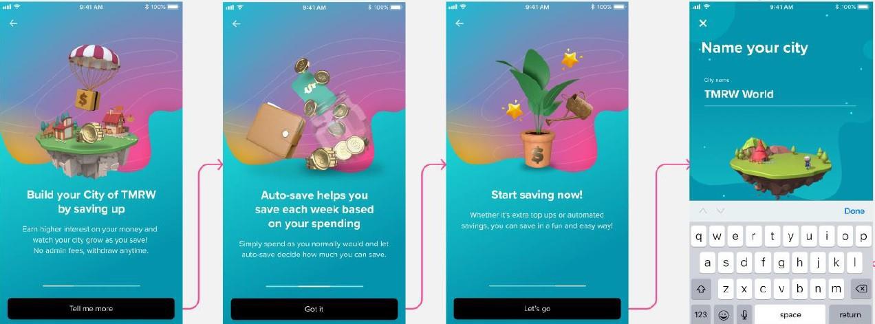 Build your City of TMRW by saving up, Auto-save helps you save each week based on your spending, Start saving now!